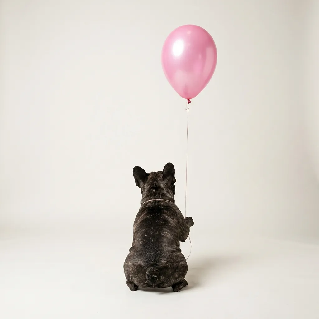 A brindle French bulldog seen from behind, sitting, holding the string of a pink candy balloon, off-white background